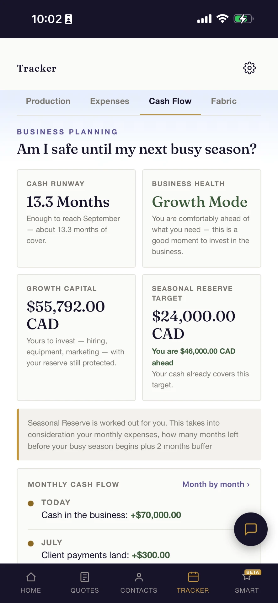 Cash flow planning in the Costumer tracker