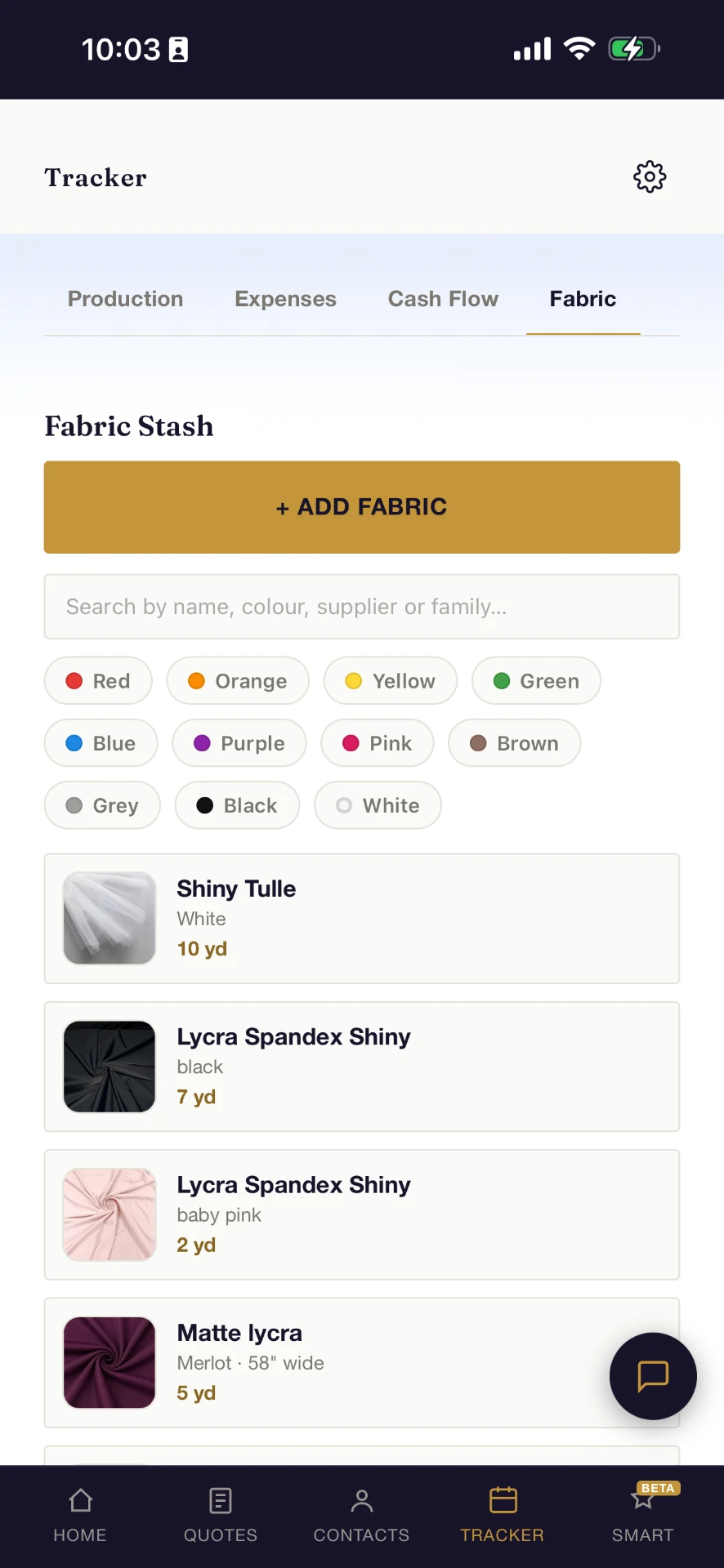 Fabric stash in the Costumer tracker