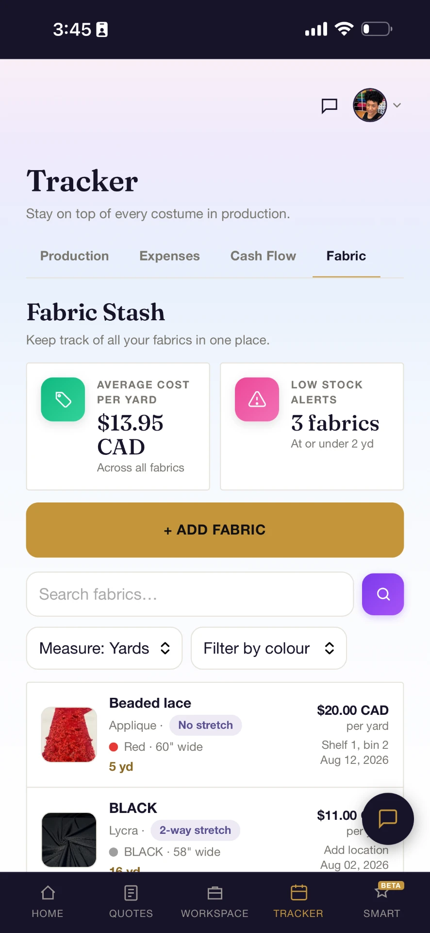 Fabric stash in the Costumer tracker