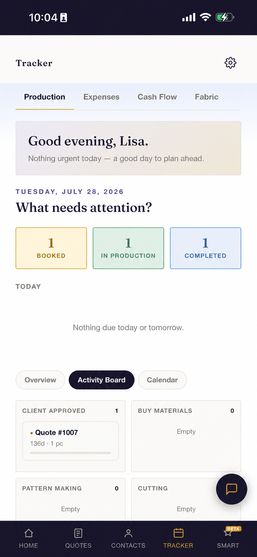 Production board in the Costumer tracker