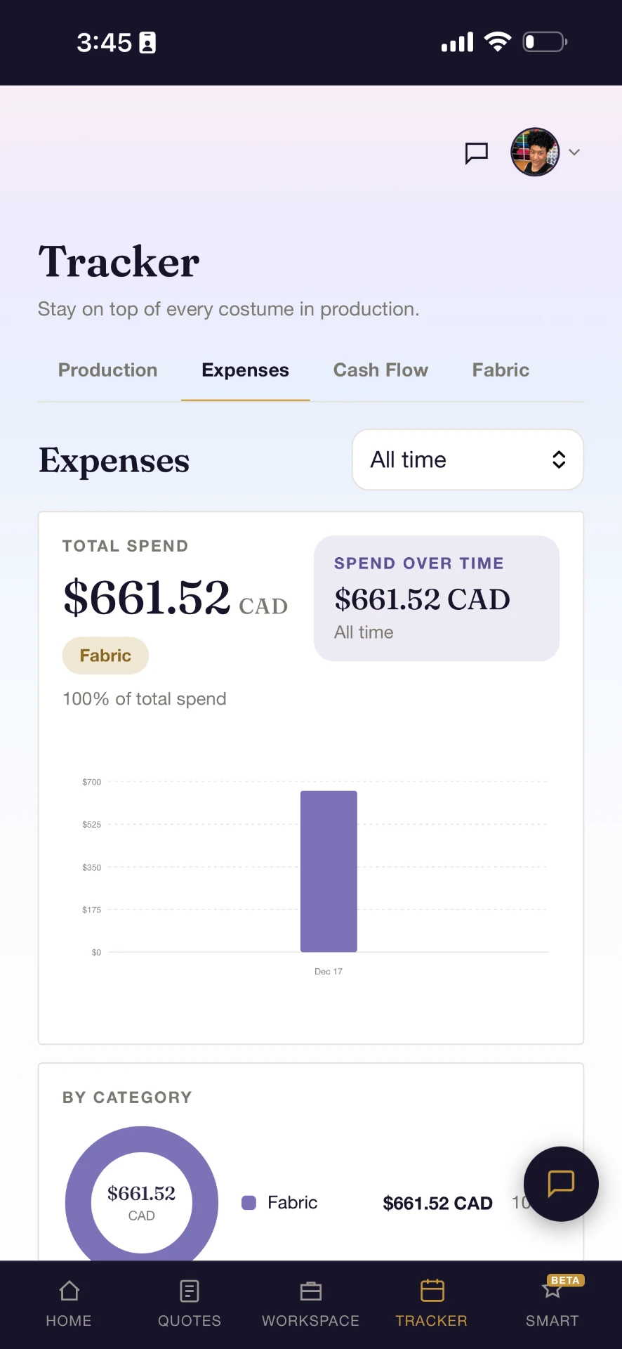 Expenses and spend breakdown in the Costumer tracker