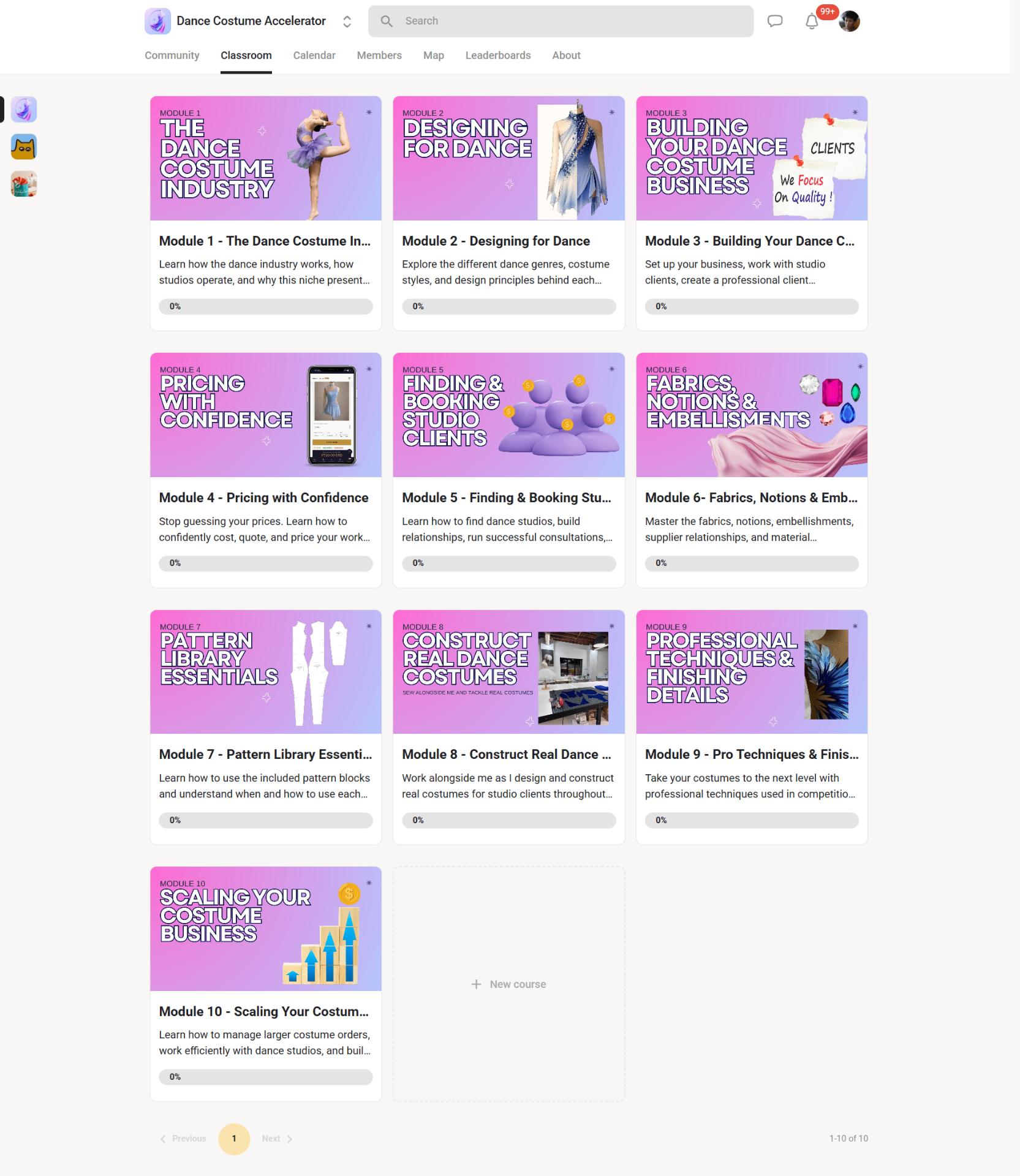 Inside the Dance Costume Accelerator classroom — all 10 modules