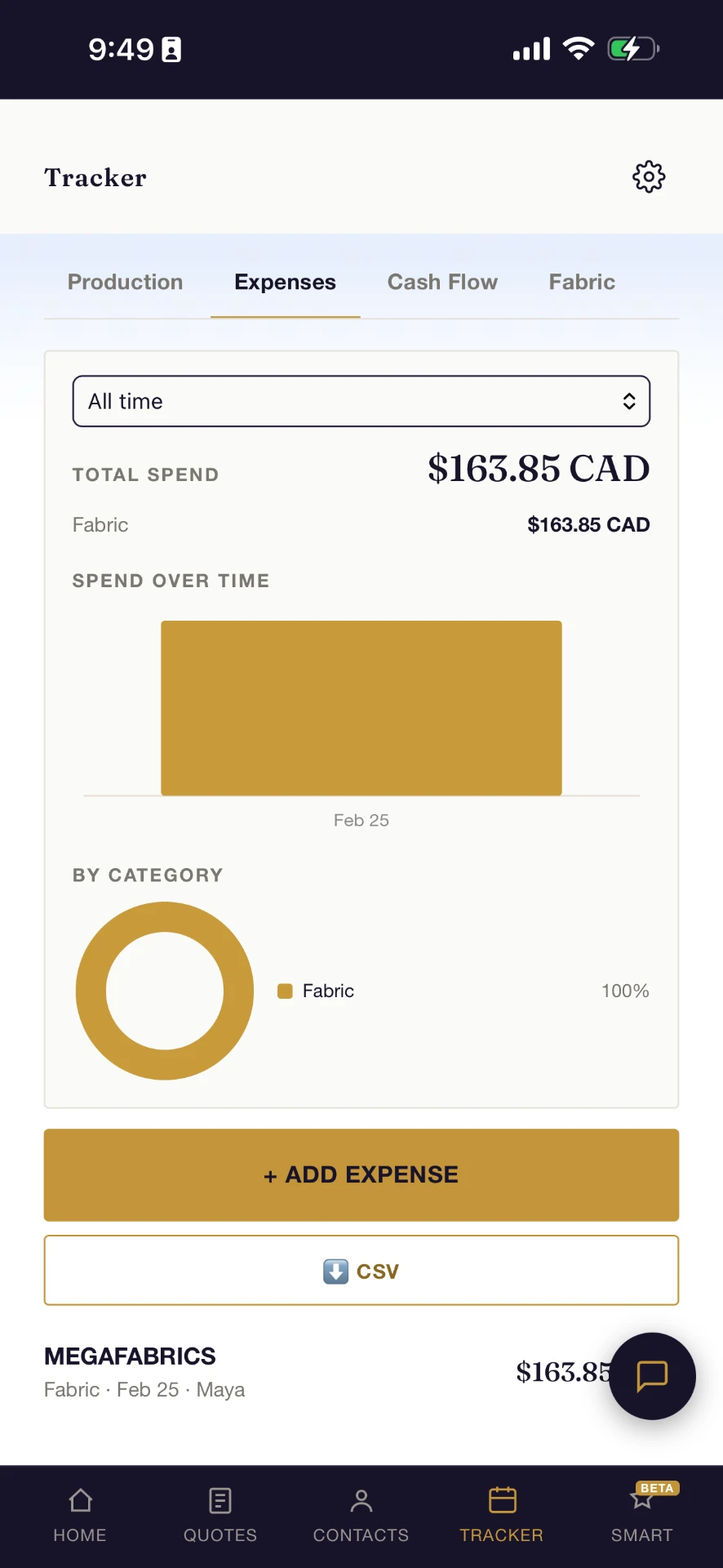 Expenses and spend breakdown in the Costumer tracker