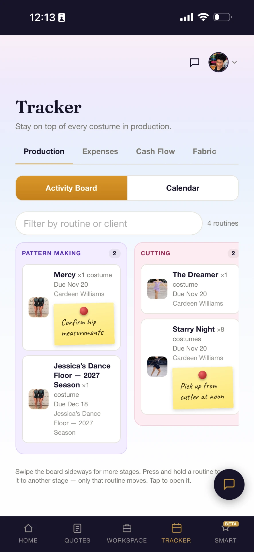 Production board in the Costumer tracker