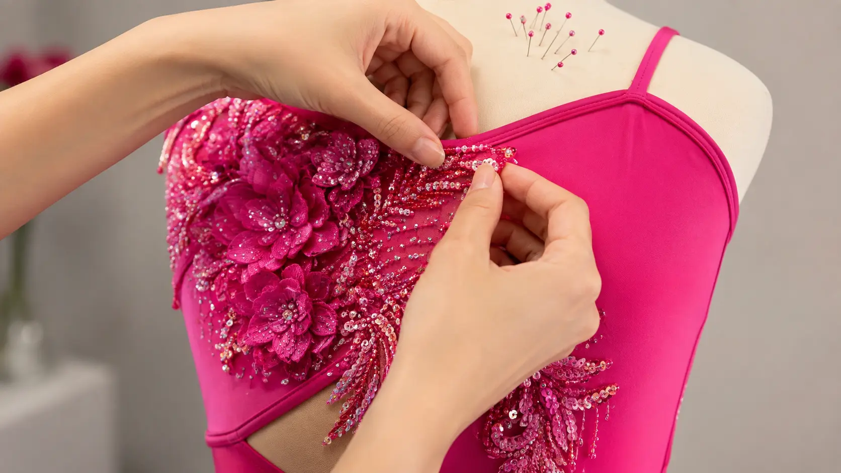 Hand-beaded floral appliqué being pinned onto a fuchsia dance costume bodice